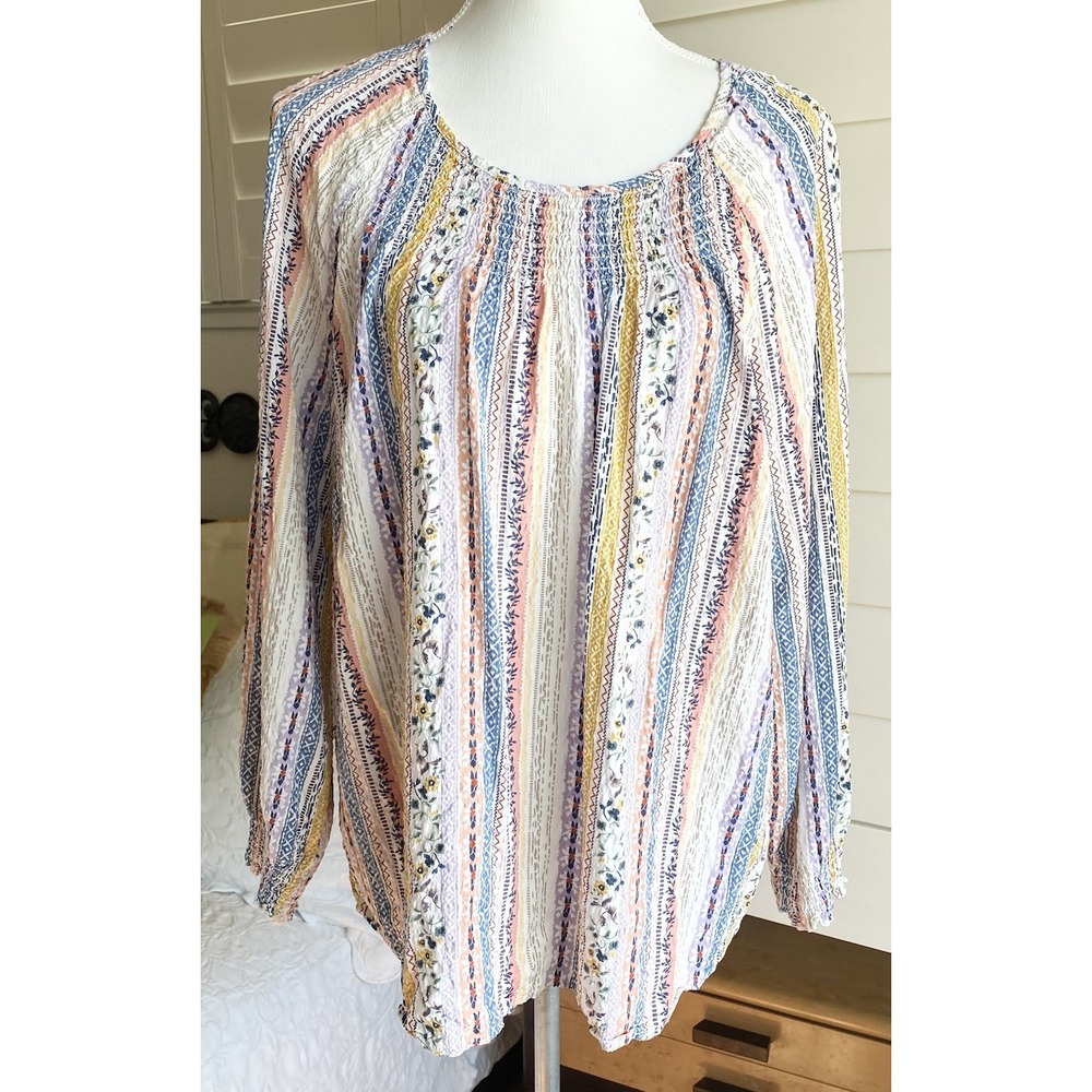Cj Christopher & Banks Women 2XL ‎ Long Sleeve Floral Top Smocked Boho Peasant